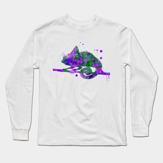 Chameleon Watercolor Painting Green Purple Long Sleeve T-Shirt by Miao Miao Design